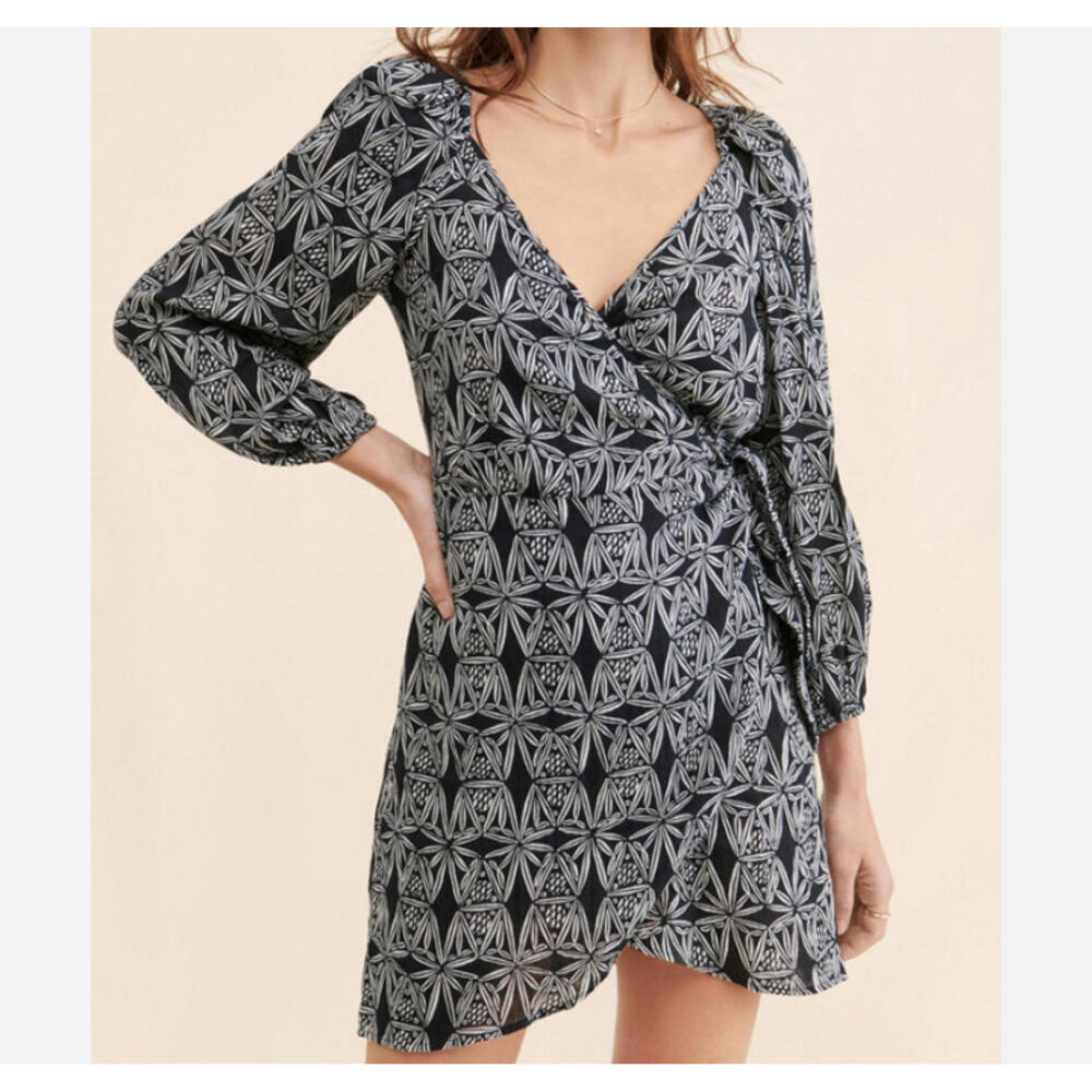 ANTHROPOLOGIE black and white cotton floral pattern wrap dress sz S